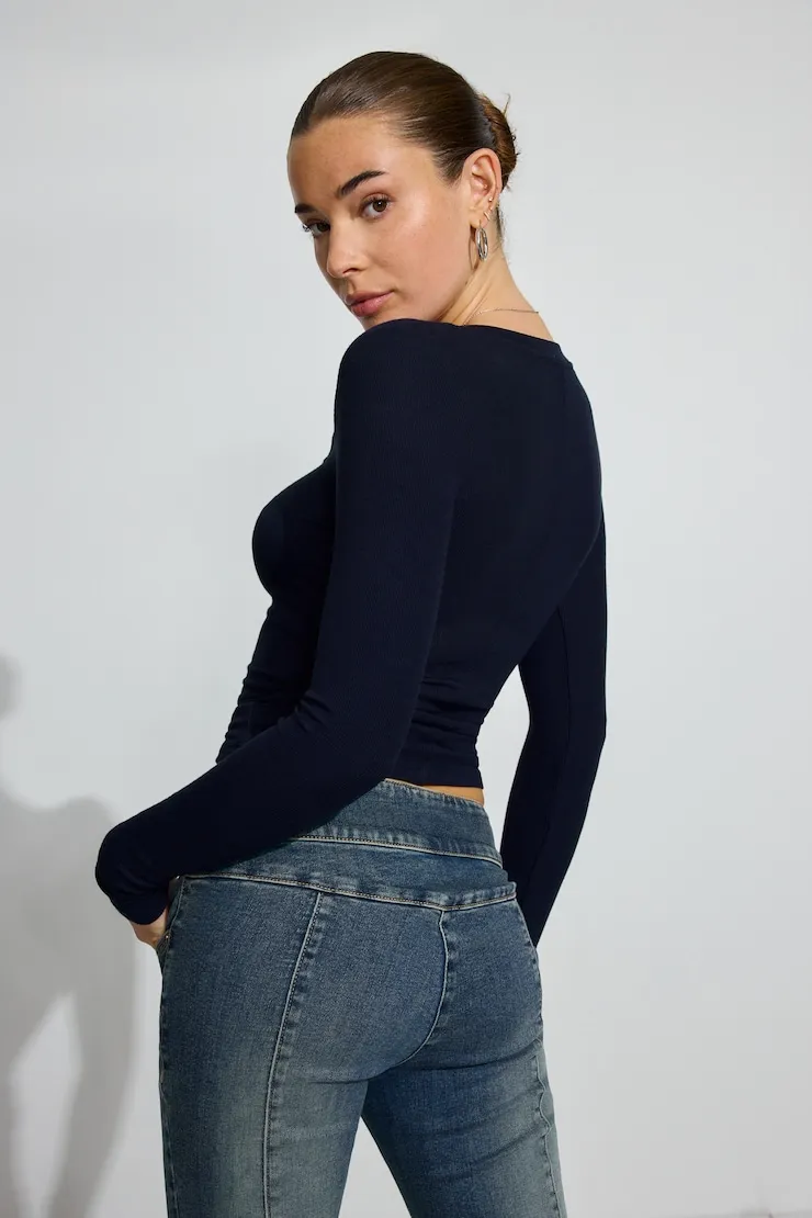 Serene Deep V-Neck Long Sleeve Top - Garage - Navy - Women Clothing sold by Garage product image thumbnail 3