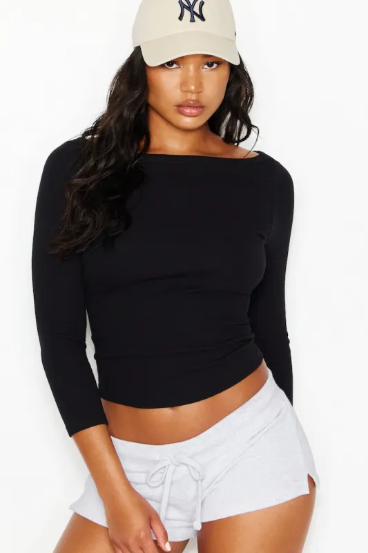 SnatchRib Boatneck 3/4 Sleeve Top - Garage - Black - Women Clothing made by Garage