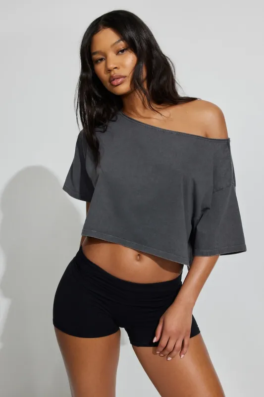 Off Shoulder Cropped T-Shirt - Garage - Greys - Women Clothing made by Garage