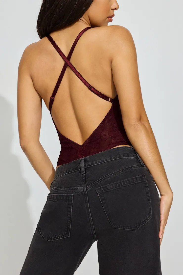 Lace Plunge Crossback Bodysuit - Garage - Burgundy - Women Clothing sold by Garage product image thumbnail 3