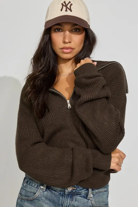 Long Sleeve Supersoft Half Zip Sweater - Garage - Brown - Women Clothing made by Garage