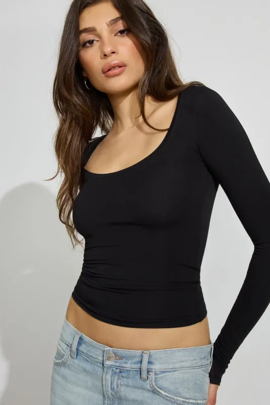 Smooth Scoop Neck Long Sleeve Top - Garage - Black - Women Clothing made by Garage