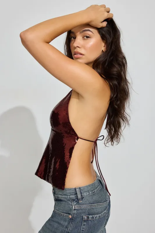 Sequin Apron Halter Top - Garage - Burgundy - Women Clothing made by Garage
