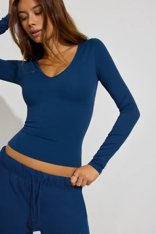 Sleek V-Neck Long Sleeve Top - Garage - Navy - Women Clothing made by Garage
