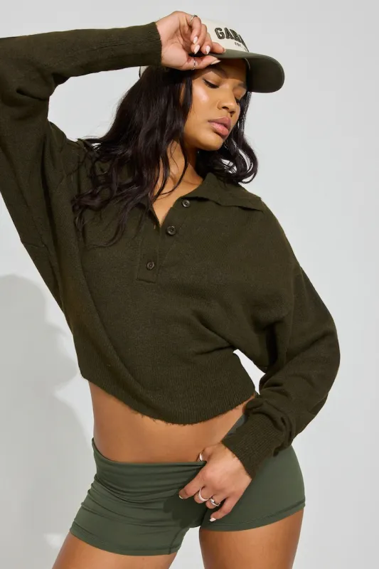 Long Sleeve Spongy Henley Sweater - Garage - Green - Women Clothing made by Garage