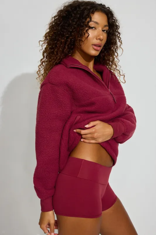 Sherpa Mock Neck Half Zip Sweater - Garage - Burgundy - Women Clothing made by Garage