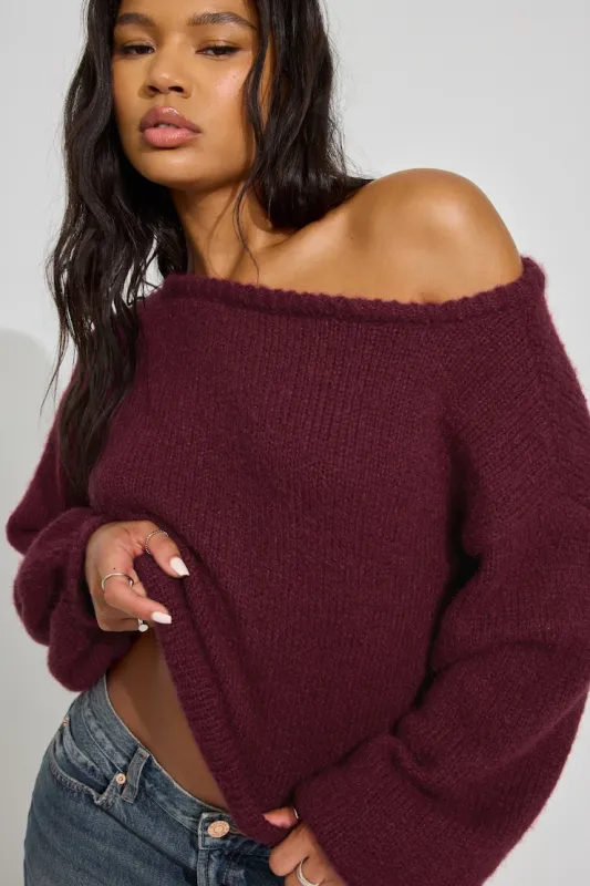Oversized Boat Neck Sweater - Garage - Burgundy - Women Clothing made by Garage