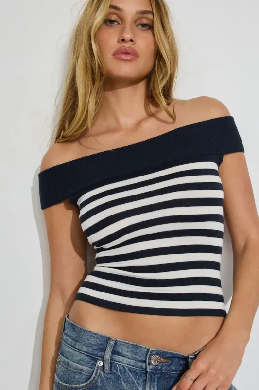 Reya Fitted Off Shoulder Sweater - Garage - Navy - Women Clothing made by Garage