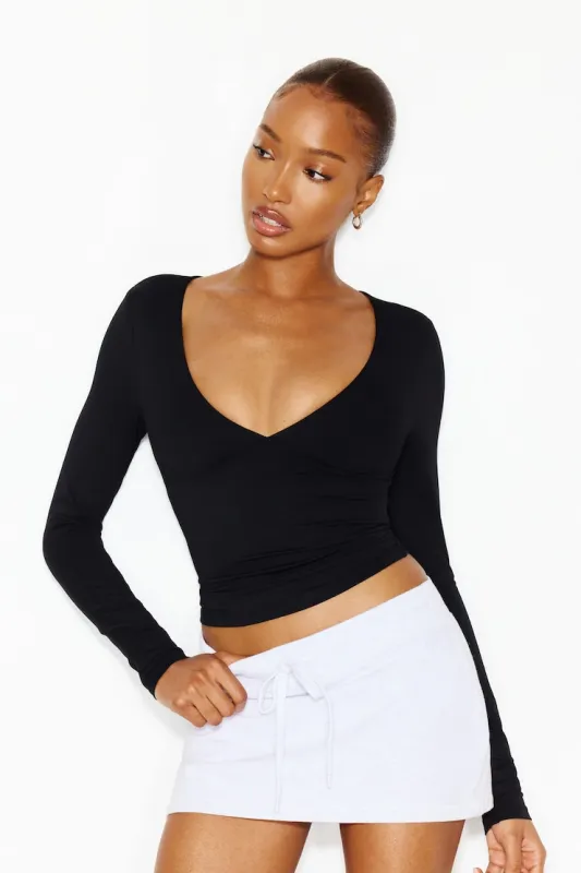 Sleek Plunge Longsleeve Top - Garage - Black - Women Clothing made by Garage