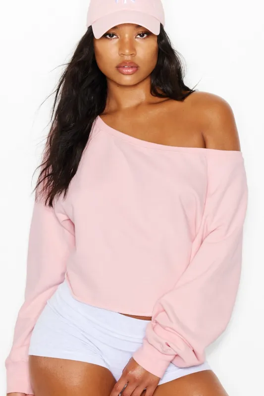 SoftTerry™ Raw-Edge Off Shoulder Sweatshirt - Garage - Pink - Women Clothing made by Garage