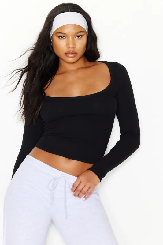 SnatchRib Scoop Neck Longsleeve Top - Garage - Black - Women Clothing made by Garage