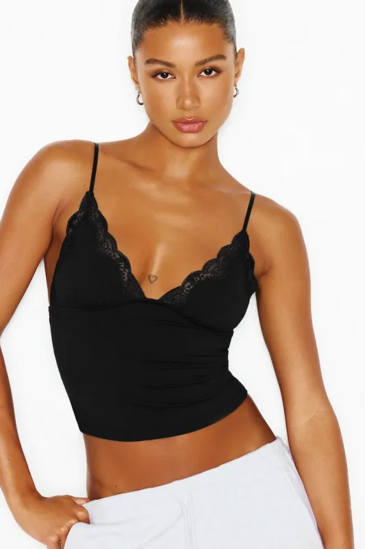 Sleek Plunge Lace Trim Cami Top - Garage - Black - Women Clothing made by Garage