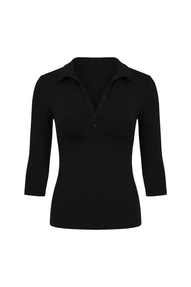 Sleek 3/4 Sleeve Polo Top - Garage - Black - Women Clothing sold by Garage product image thumbnail 2