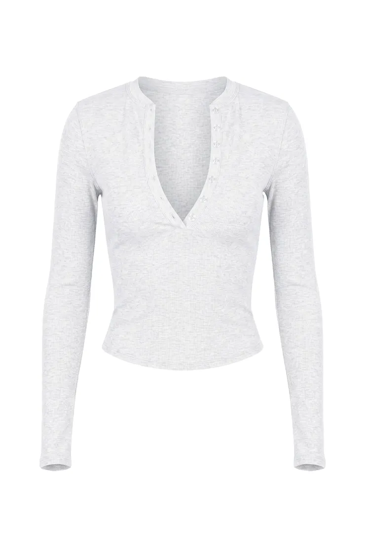 SnatchRib Crewneck Henley Long Sleeve Top - Garage - Greys - Women Clothing sold by Garage product image thumbnail 2