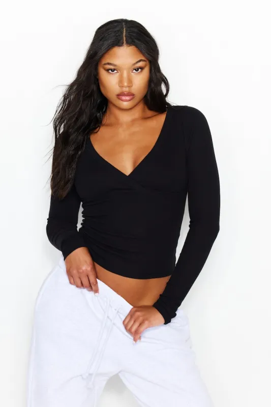SnatchRib Crossover Longsleeve Top - Garage - Black - Women Clothing made by Garage