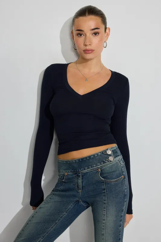 Serene Deep V-Neck Long Sleeve Top - Garage - Navy - Women Clothing made by Garage