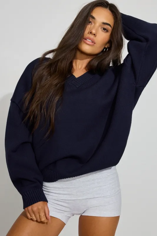 V-Neck Oversized Sweater - Garage - Navy - Women Clothing made by Garage