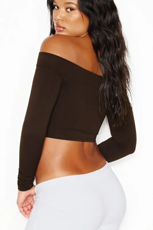 Sleek Off Shoulder Long Sleeve Top - Garage - Brown - Women Clothing made by Garage
