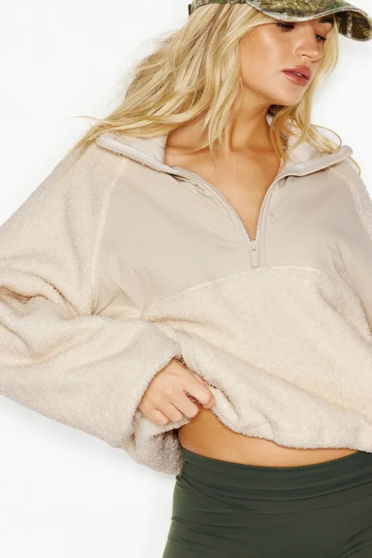 Sherpa Mixed Media Half Zip Jacket - Garage - White - Women Clothing made by Garage