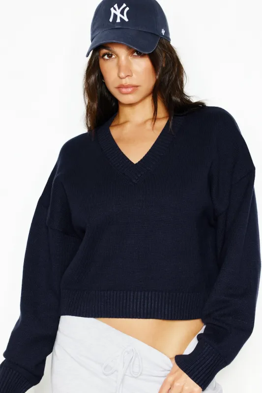 Throwover V-Neck Sweater - Garage - Navy - Women Clothing made by Garage