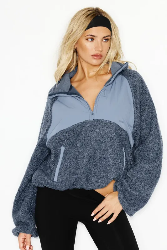 Sherpa Mixed Media Half Zip Jacket - Garage - Blue - Women Clothing made by Garage