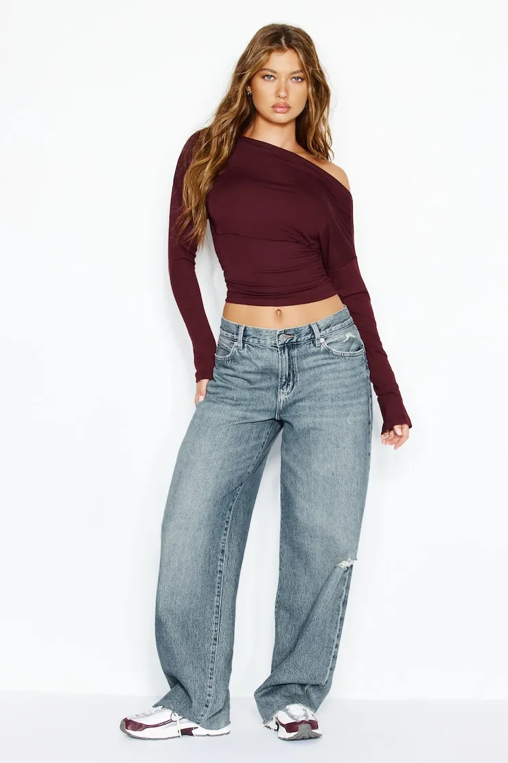 Asymmetric Snatched Waist Long Sleeve Top - Garage - Red - Women Clothing sold by Garage product image thumbnail 4