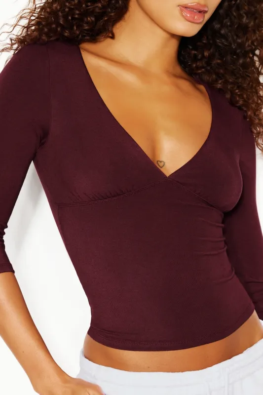 Plunge 3/4 Sleeve Top - Garage - Red - Women Clothing made by Garage