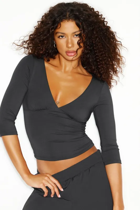 Plunge 3/4 Sleeve Top - Garage - Greys - Women Clothing made by Garage