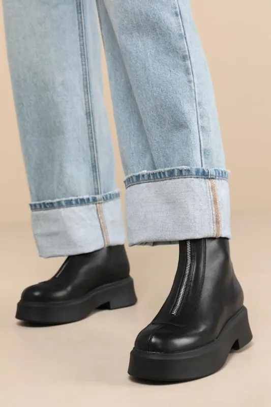 Jones Black Leather Zip-Front Platform Ankle Boots sold by Lulus