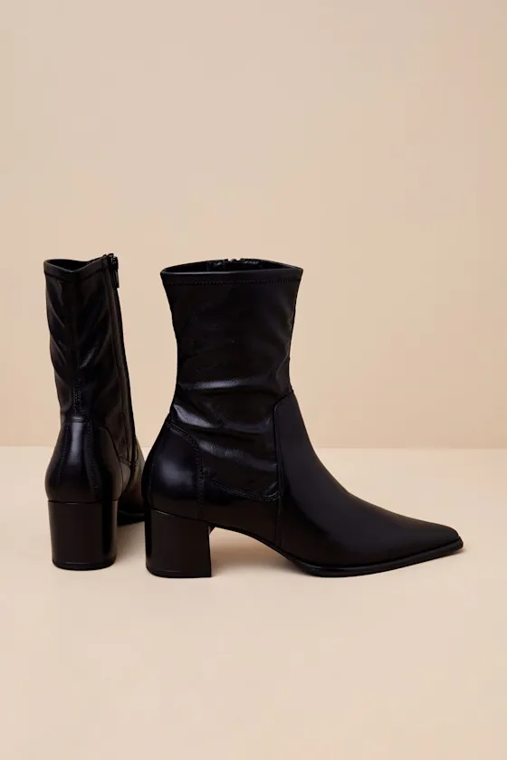Giselle Black Leather Pointed-Toe Ankle Boots sold by Lulus