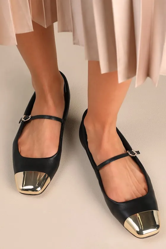 Reyes Black Leather Cap Toe Buckle Ballet Flats sold by Lulus
