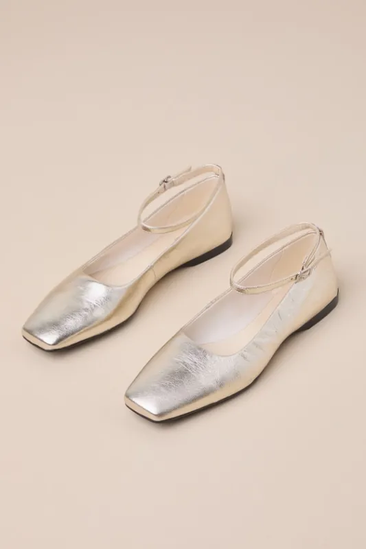 Delia Gold Metallic Leather Square Toe Ankle Strap Flats sold by Lulus