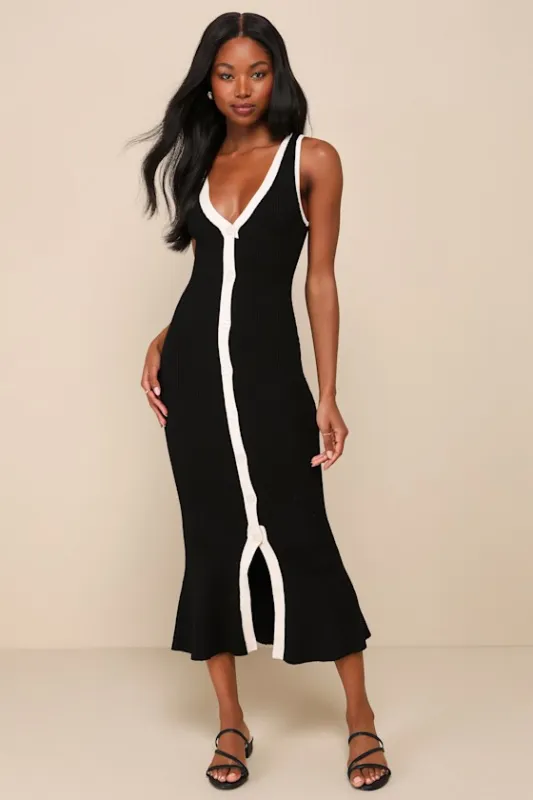 Posh Intent Black and White Ribbed Button-Front Sweater Dress sold by Lulus