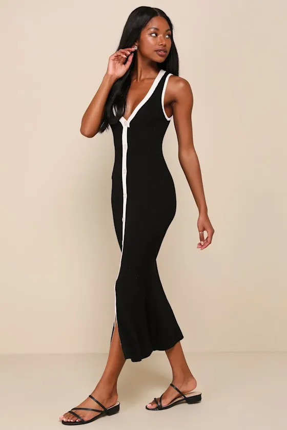 Posh Intent Black and White Ribbed Button-Front Sweater Dress sold by Lulus product image thumbnail 4