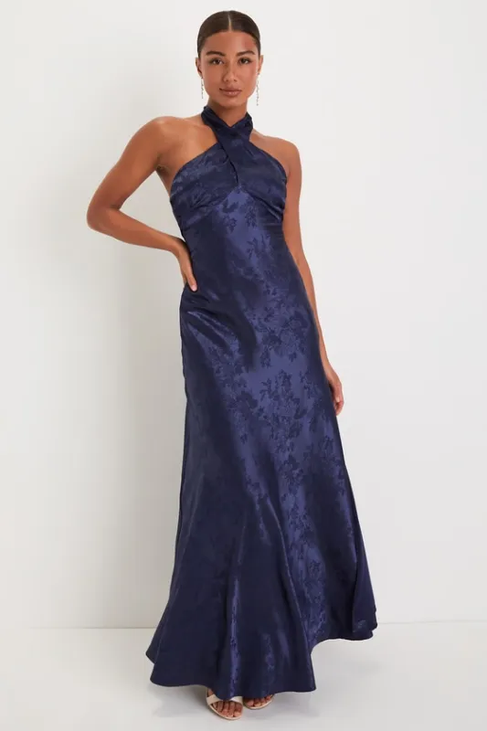 Classy Personality Navy Blue Satin Jacquard Halter Maxi Dress sold by Lulus