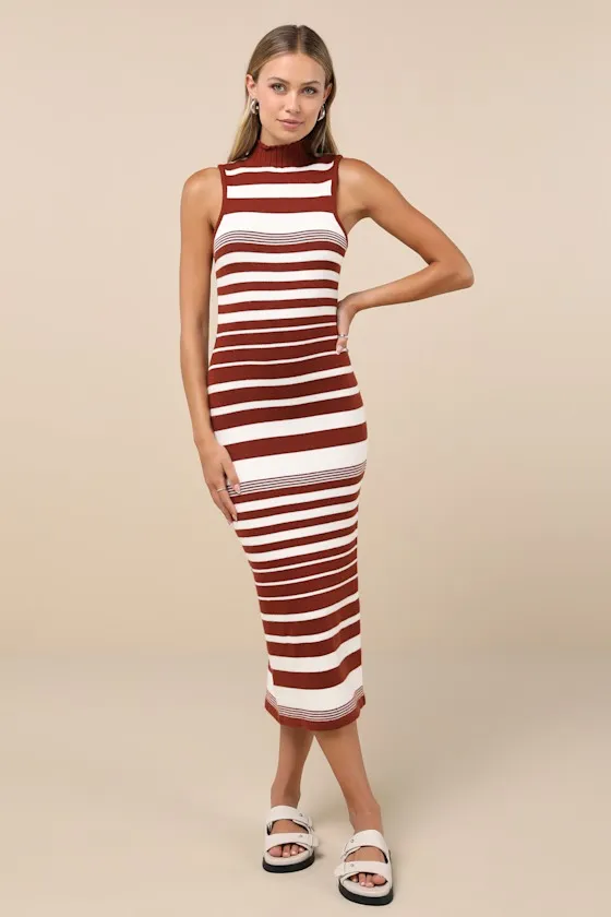 Easy-Going Excellence Ivory Striped Mock Neck Midi Sweater Dress sold by Lulus