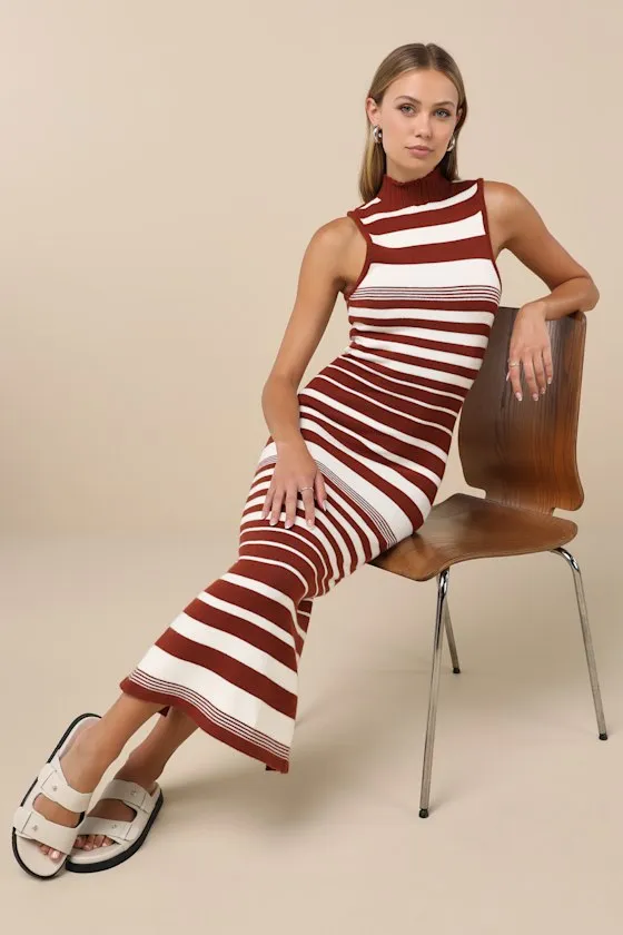 Easy-Going Excellence Ivory Striped Mock Neck Midi Sweater Dress sold by Lulus product image thumbnail 4