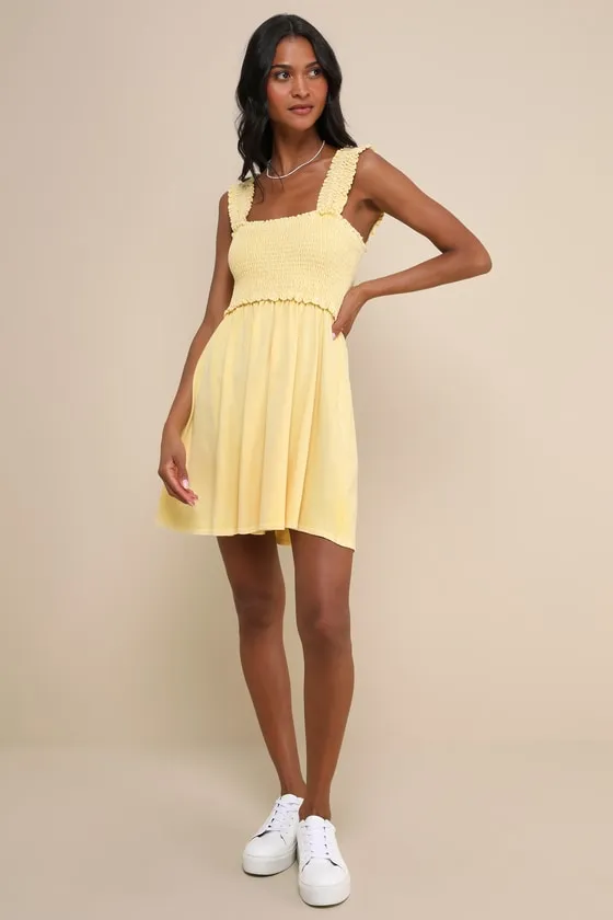 Effortlessly Lovely Washed Light Yellow Smocked Mini Dress sold by Lulus product image thumbnail 3