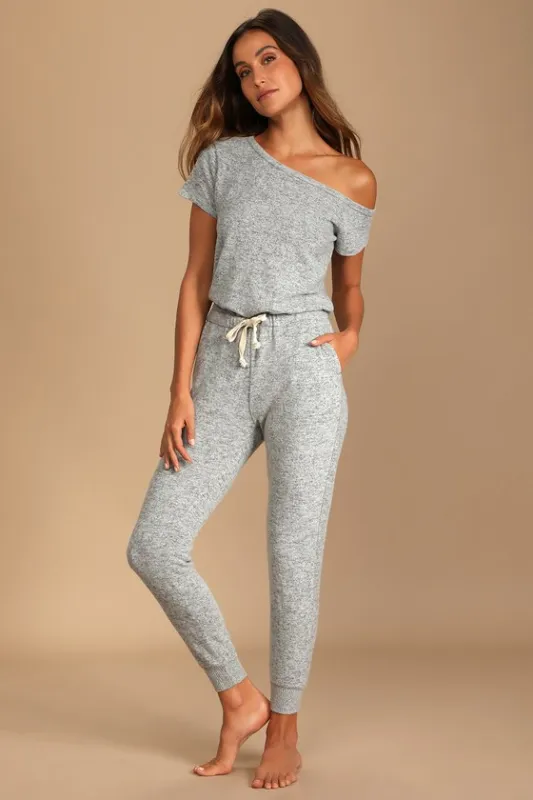 Relaxing Weekend Heather Grey Off-the-Shoulder Lounge Jumpsuit sold by Lulus