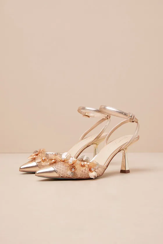 SB-Carli Gold Mesh Floral Applique Ankle Strap Heels sold by Lulus