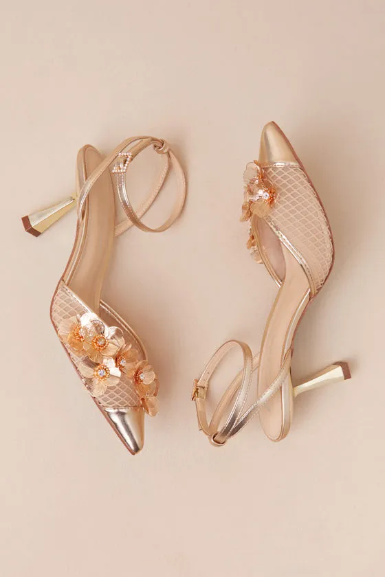 SB-Carli Gold Mesh Floral Applique Ankle Strap Heels sold by Lulus product image thumbnail 2