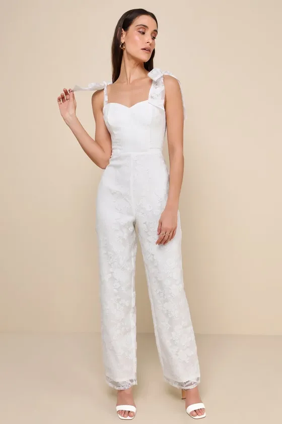 Extraordinary Charm White Floral Burnout Tie-Strap Jumpsuit sold by Lulus