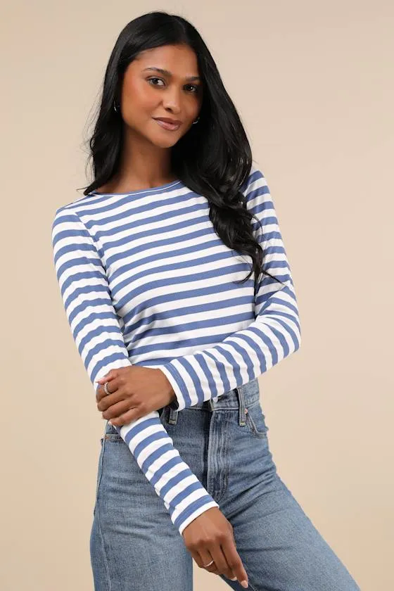 Admired Impression Ivory and Blue Striped Long Sleeve Crop Top sold by Lulus