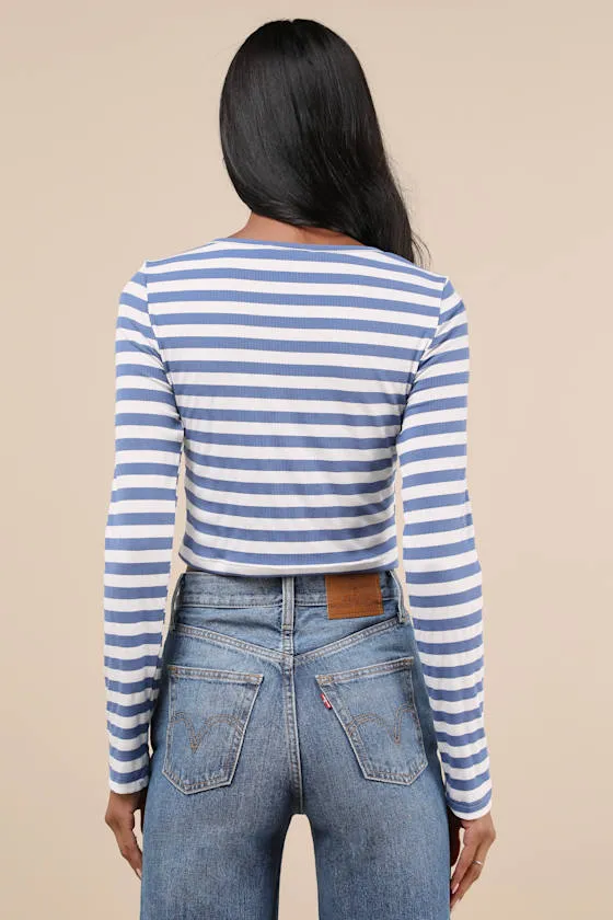 Admired Impression Ivory and Blue Striped Long Sleeve Crop Top sold by Lulus product image thumbnail 2