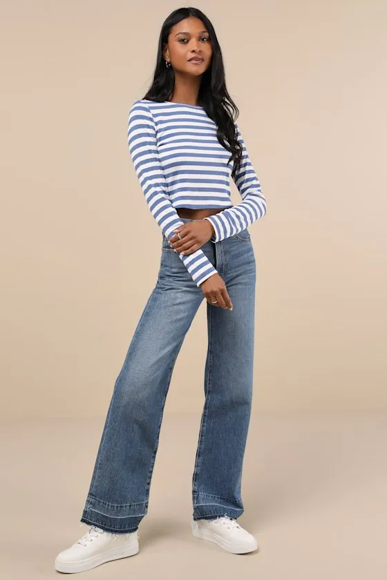 Admired Impression Ivory and Blue Striped Long Sleeve Crop Top sold by Lulus product image thumbnail 3