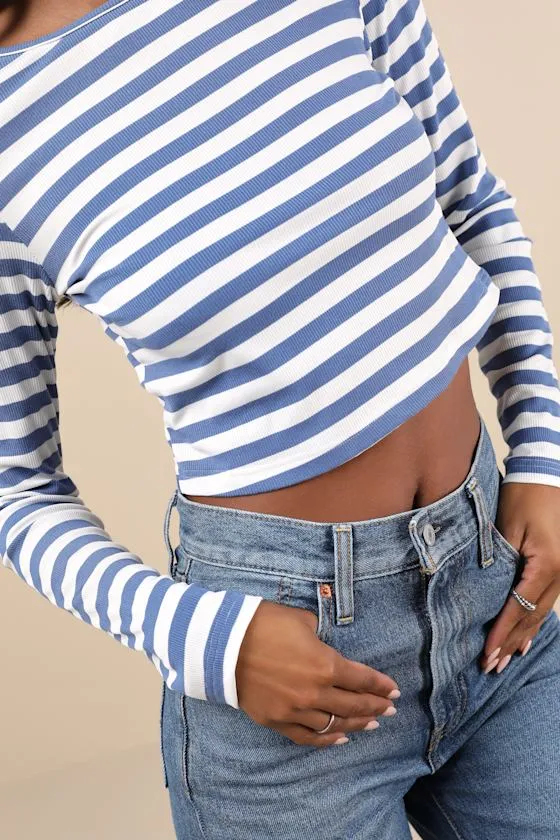 Admired Impression Ivory and Blue Striped Long Sleeve Crop Top sold by Lulus product image thumbnail 4