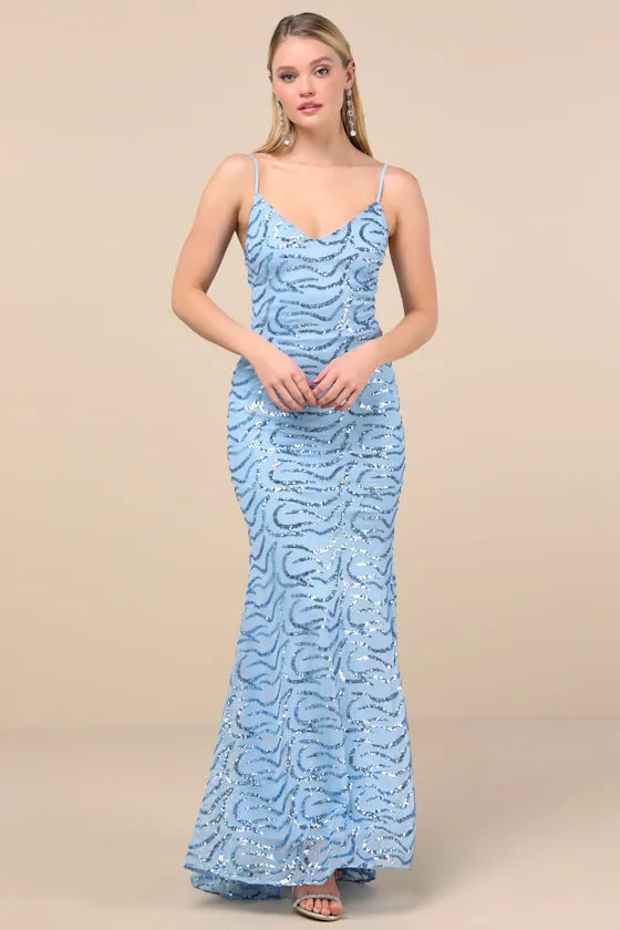 Mesmerizing Demeanor Blue Sequin Backless Mermaid Maxi Dress sold by Lulus