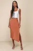 Contemporary Cutie Brown Satin High-Rise Asymmetrical Midi Skirt sold by Lulus