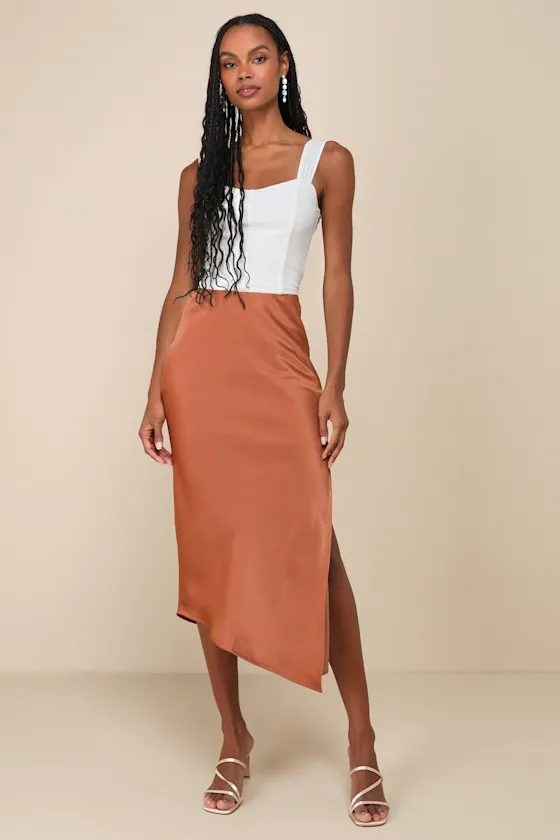 Contemporary Cutie Brown Satin High-Rise Asymmetrical Midi Skirt sold by Lulus