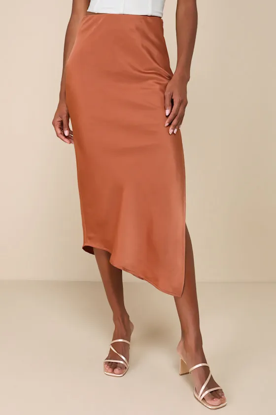 Contemporary Cutie Brown Satin High-Rise Asymmetrical Midi Skirt sold by Lulus product image thumbnail 2
